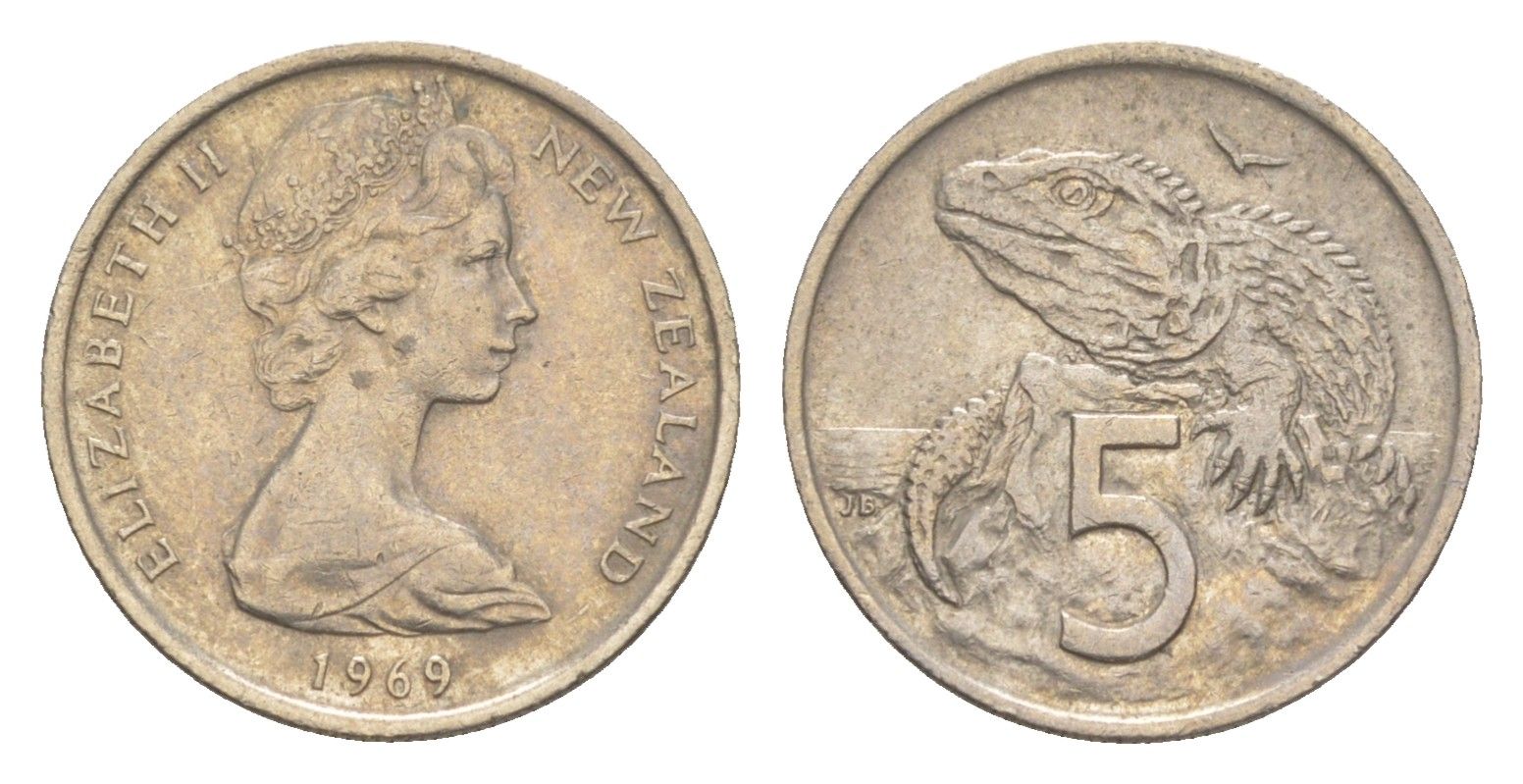 Новая Зеландия 5 центов 1969 Елизавета II (1952-2022), ящерица гаттерия KM 34 медно-никель 4651-164