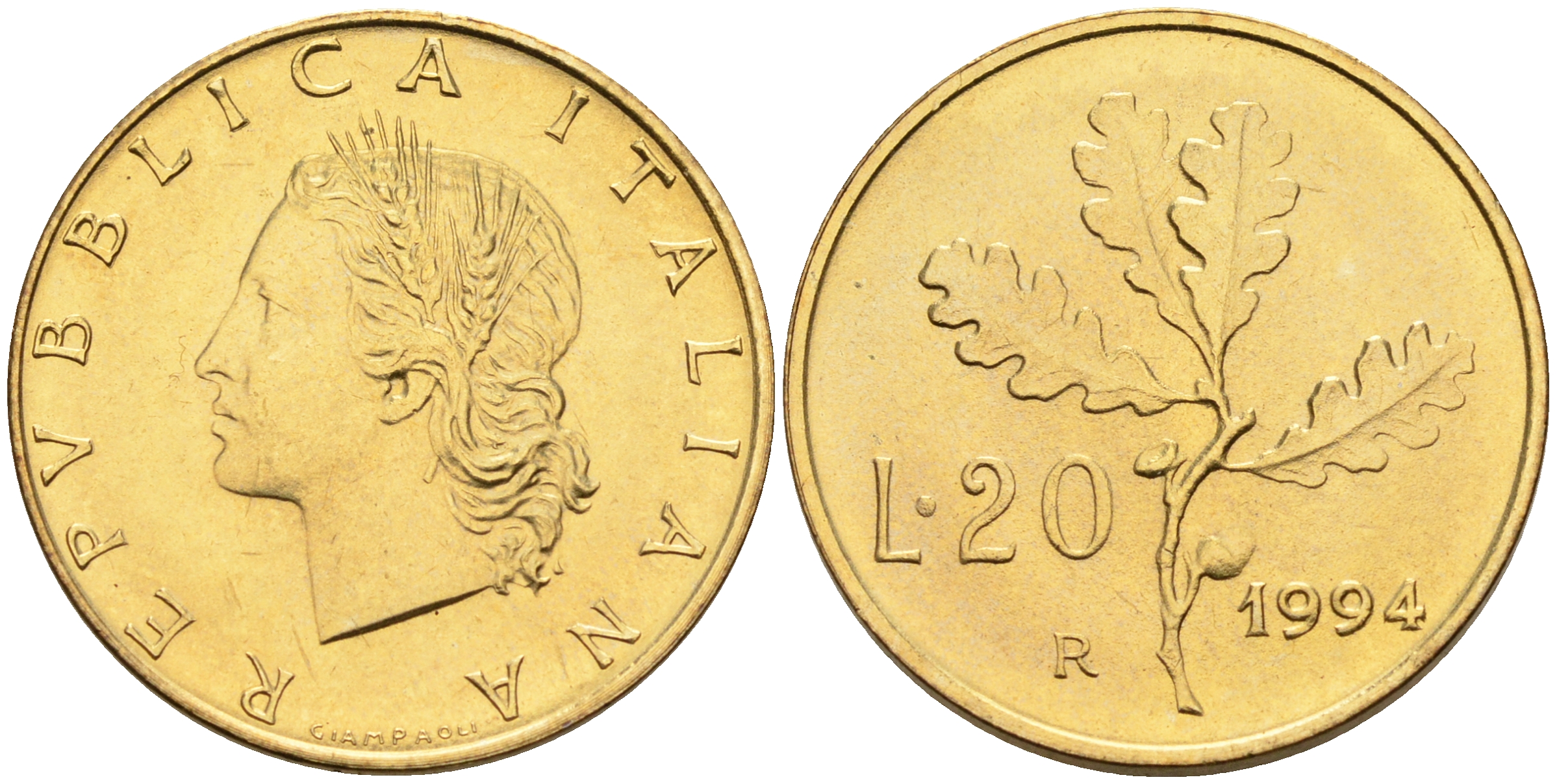 Италия 20 лир 1994 R, дубовый лист KM 97.2 алюминиевая бронза  UNC  4594-867