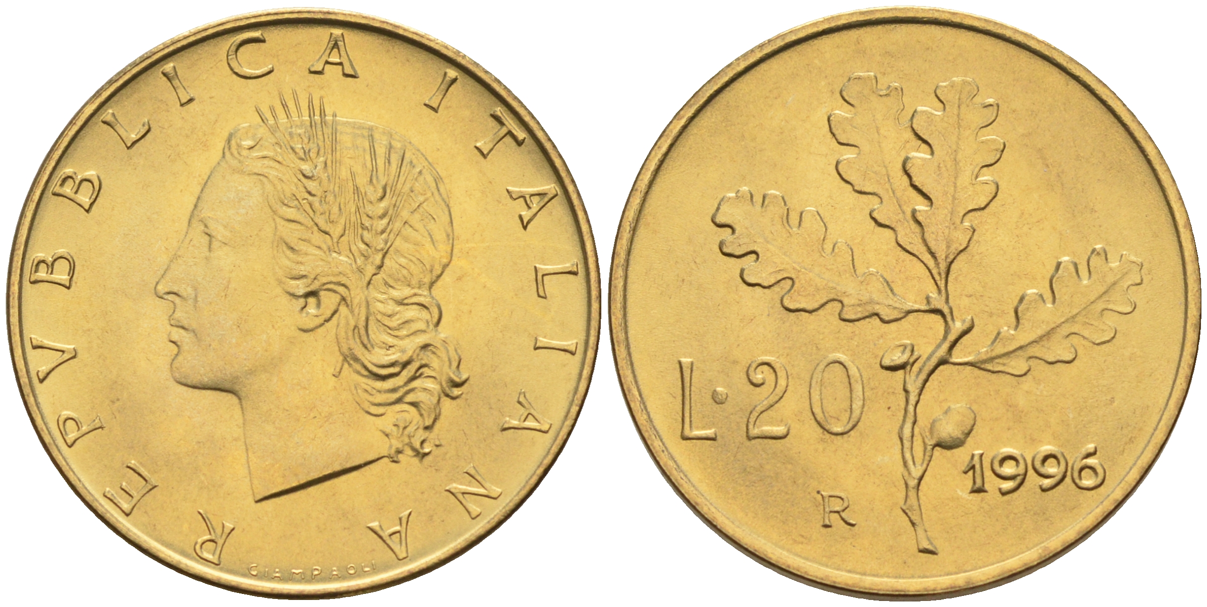 Италия 20 лир 1996 R, дубовый лист KM 97.2 алюминиевая бронза  UNC  4594-1051