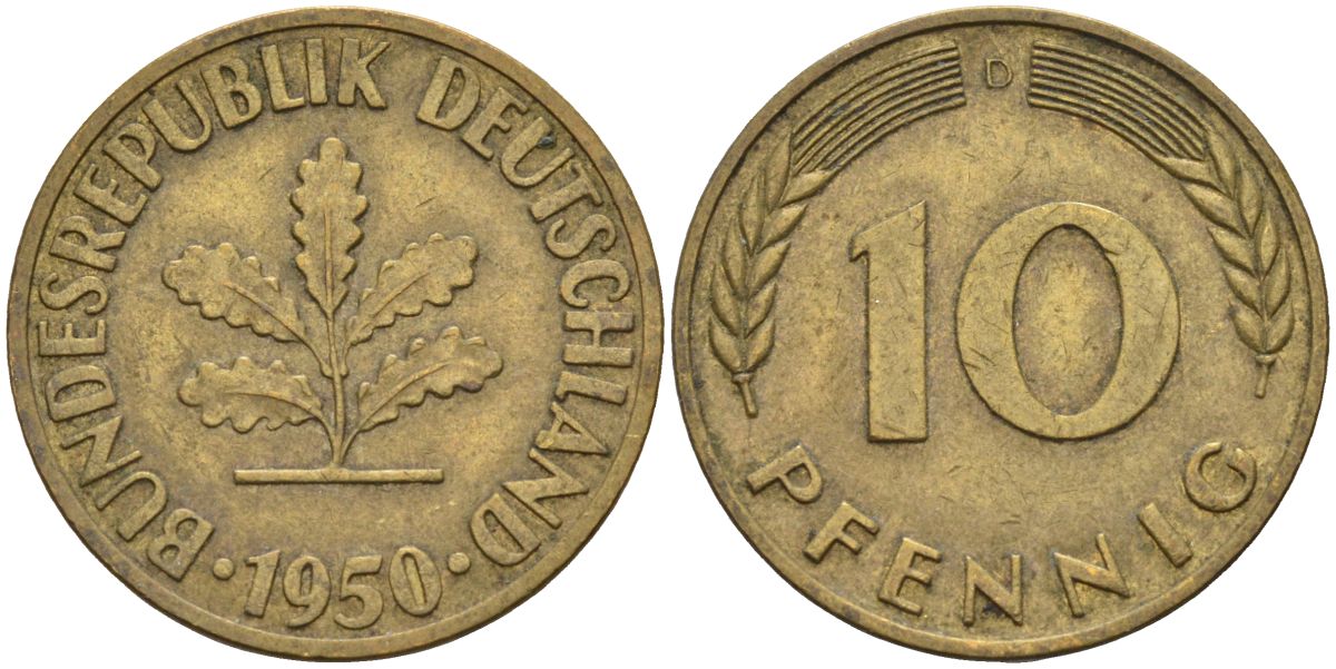 ФРГ 10 пфеннигов 1950 D KM 108 сталь плакированная латунью 4126-526