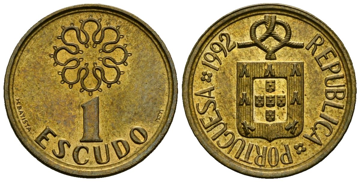Португалия 1 эскудо 1992 KM 631 никель латунь 4164-1123