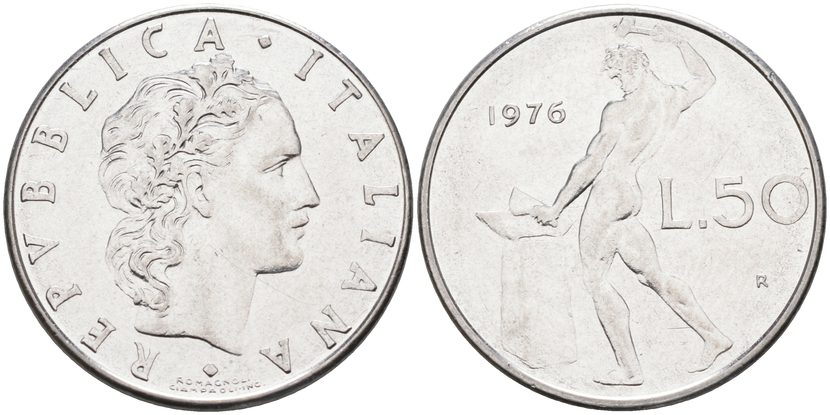 Италия 50 лир 1976 R, бог огня Вулкан у наковальни KM 95.1 нержавеющая сталь 4116-347