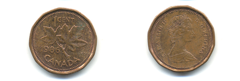 Канада 1 цент 1986 Елизавета II (1952-2022), кленовый лист KM 132 бронза 86-1112