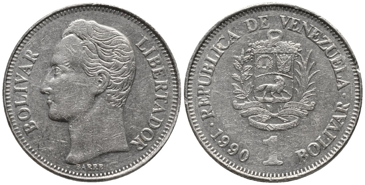 Венесуэла 1 боливар 1990 Симон Боливар KM 52a никелированная сталь 4577-1226