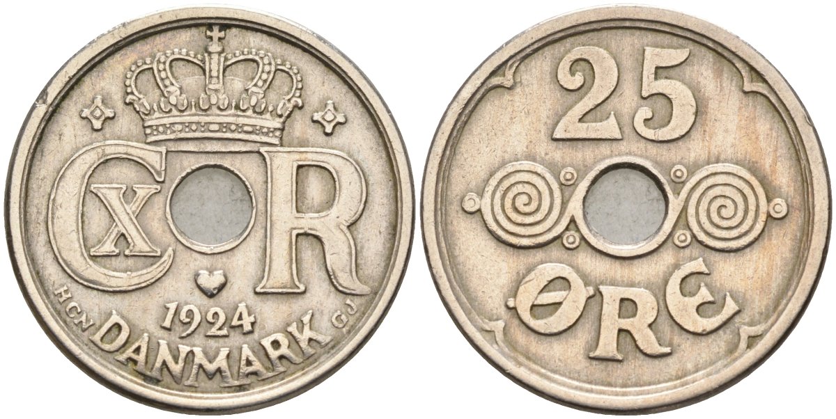 Дания 25 эре 1924 NCN; GJ Кристиан X (1912-1947) KM 823.1 медно-никель 4591-951