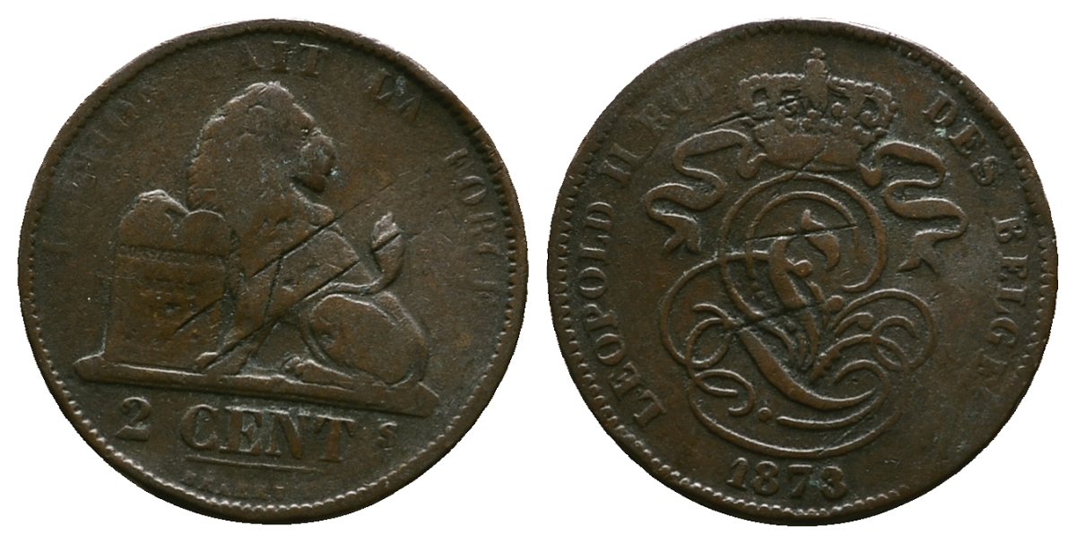 Бельгия 2 сантима 1873 Des Belges, Леопольд II (1865-1909) KM 35.1 медь 261-1046