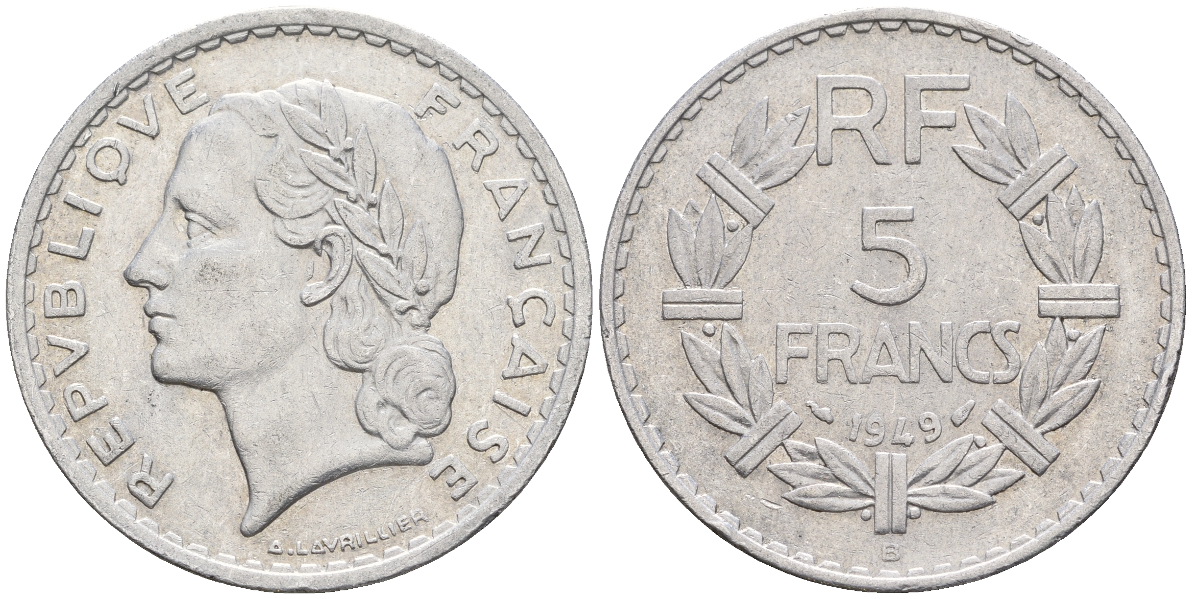 Франция 5 франков 1949 В, тип Лаврийе KM 888b.2, Le Franc 339.19 алюминий 221-434