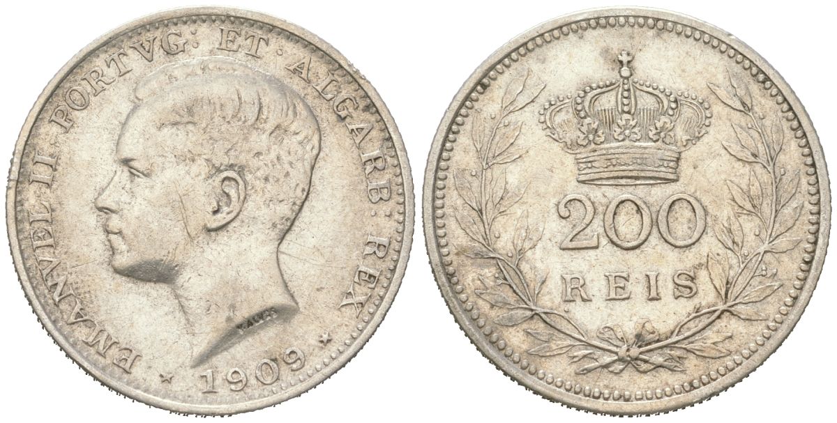 Португалия 200 реалов 1909 Мануэл II (1908-1910) KM 549 серебро 4616-153