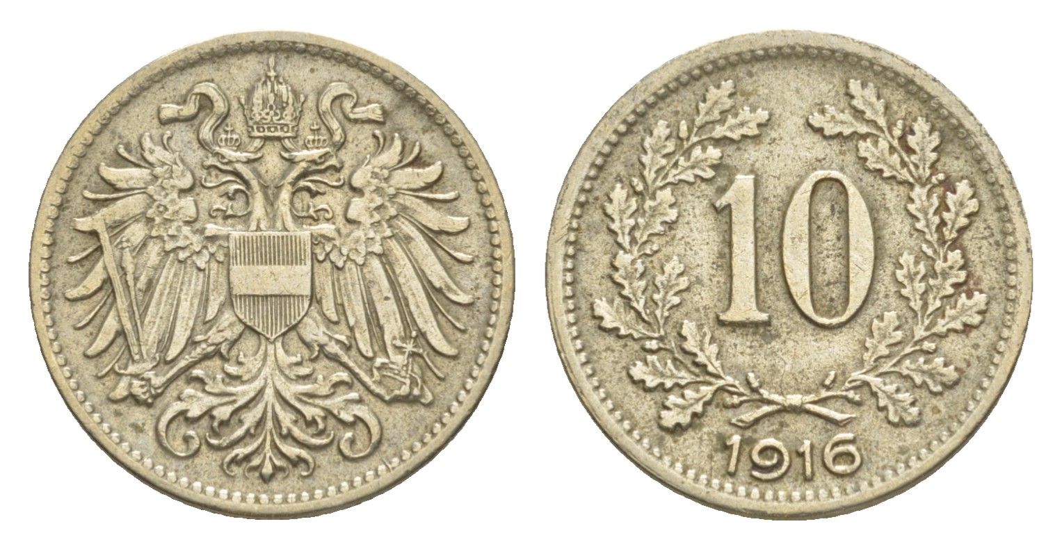 Австрия 10 геллеров 1916 Франц Иосиф I (1848-1916) KM 2825 медь цинк никель 4639-1046
