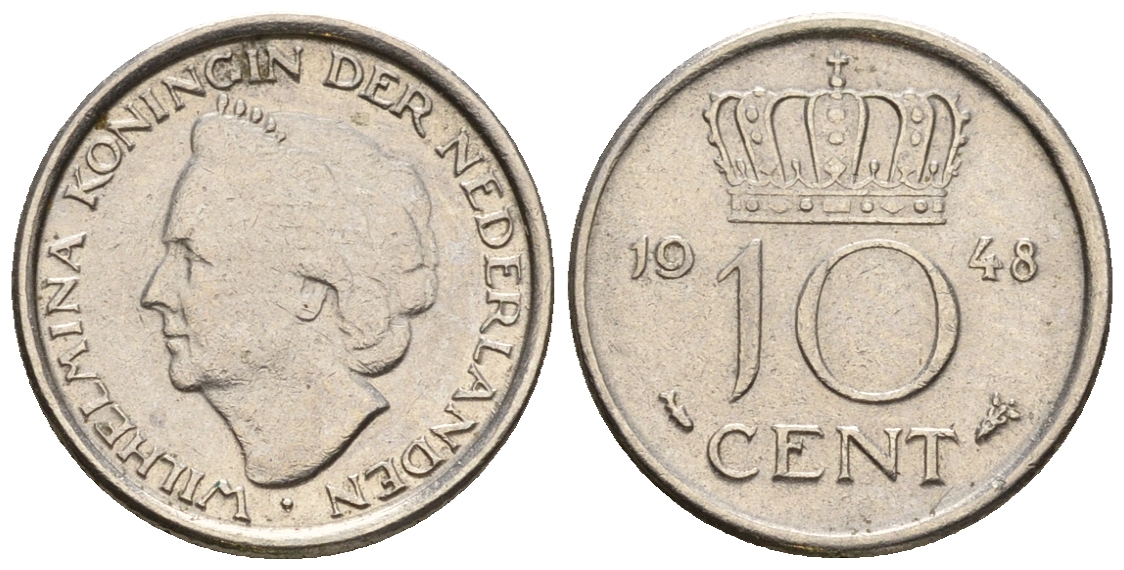 Нидерланды 10 центов 1948 Вильгельмина (1895-1948) KM 177 никель 220-536
