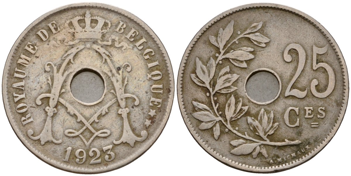 Бельгия 25 сантимов 1923 Belgique KM 68 медно-никель 28-1252