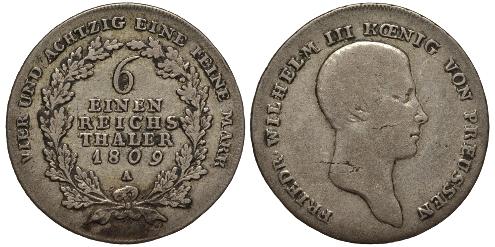 Бранденбург-Пруссия 1/6 талера 1809 A, Фридрих Вильгельм III (1797-1840) KM 385 серебро 1515-2014