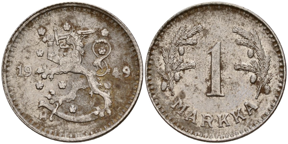 Финляндия 1 марка 1949 Н KM 30b железо 4580-1263