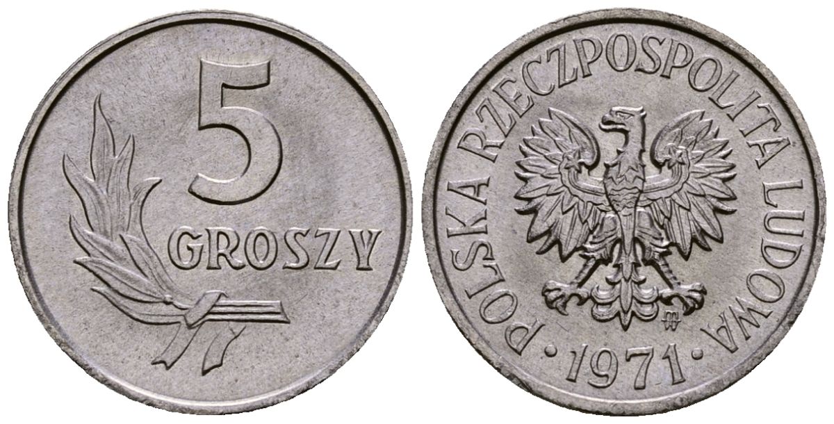 Польша 5 грошей 1971 Y A46 алюминий 4164-958