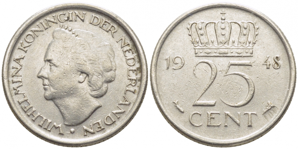 НИДЕРЛАНДЫ 25 ЦЕНТОВ 1948 ВИЛЬГЕЛЬМИНА KM 178 никель 112-269