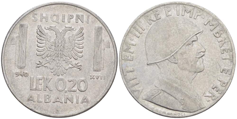Албания 0,20 лека 1940 R, Итальянская оккупация KM 29 нержавеющая сталь 4523-411