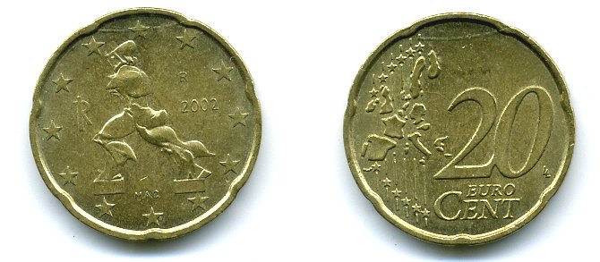 Италия 20 евроцентов 2002 KM 214 нордик 29-1233