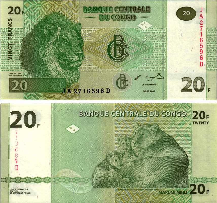 ДР Конго 20 франков 2003 львы Pick 94 a бумага UNC (пресс) 8606-7-1-1