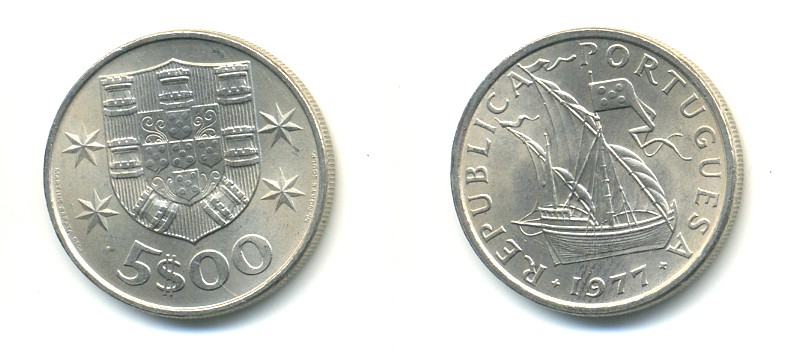 ПОРТУГАЛИЯ 5 ЭСКУДО 1977 ПАРУСНИК KM 591 медно-никель 176-252