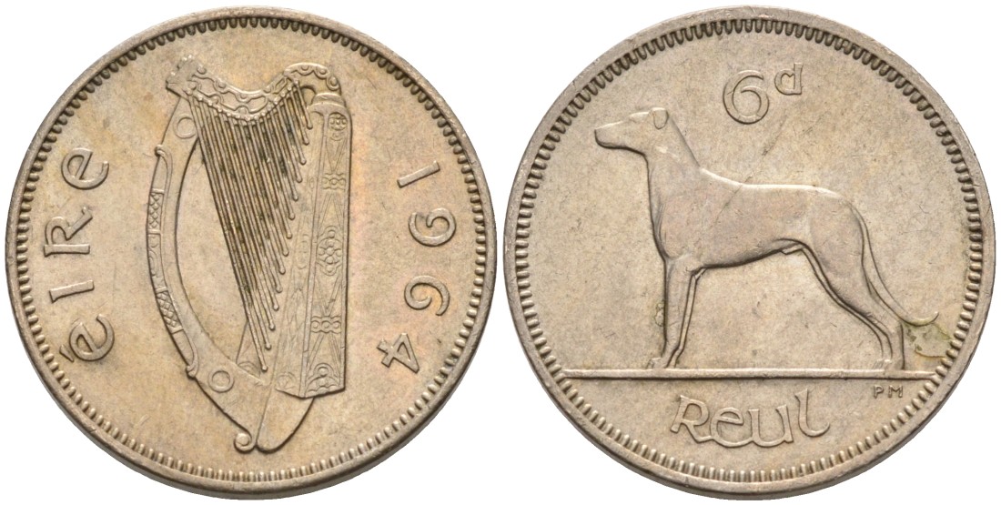 Ирландия 6 пенсов 1964 мрландский волкодав, собака KM 13а медно-никель 92-124
