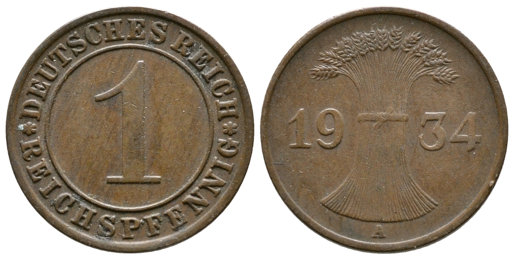 ГЕРМАНИЯ 1 РЕЙХСПФЕННИГ 1934 A KM 37, J. 313 бронза 4380-1247