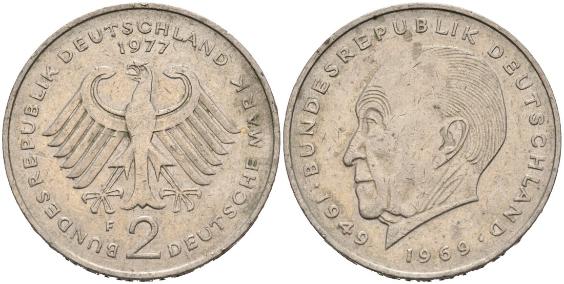 ФРГ 2 марки 1977 F, КОНРАД АДЕНАУЭР KM 124, J. 406 медно-никель плакированный никелем 92-327