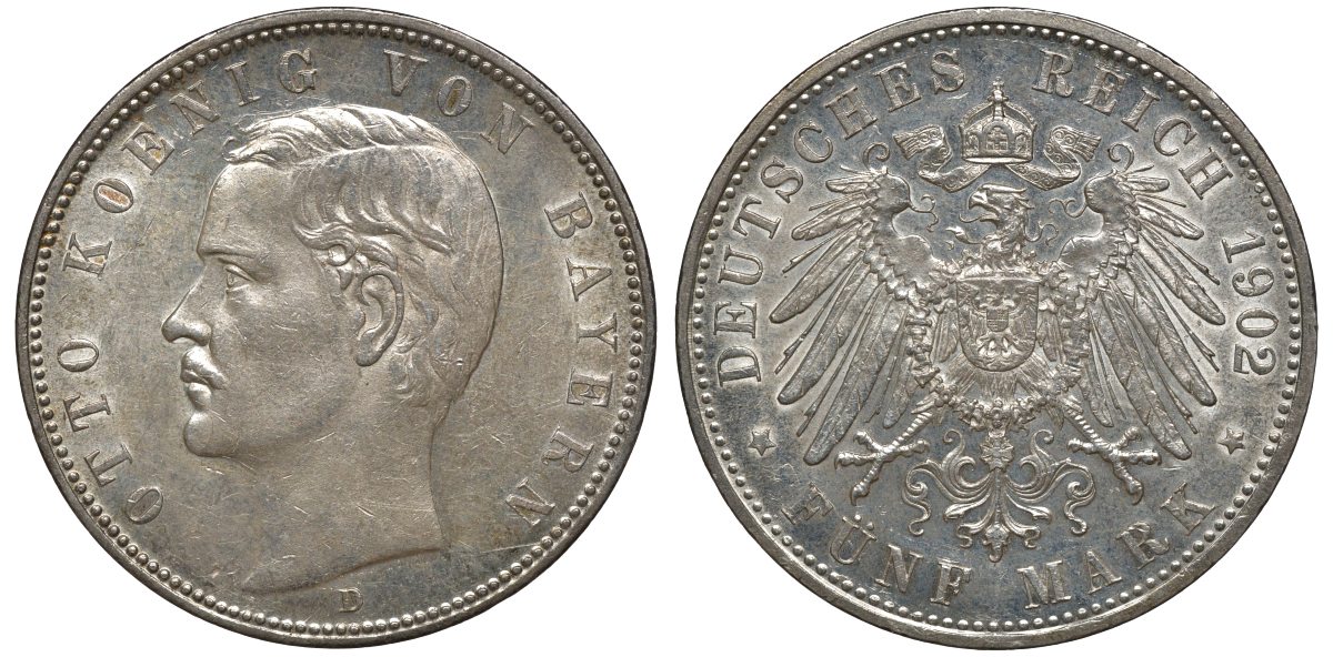 Бавария 5 марок 1902 D, Отто (1886-1913) Weege 47, J. 46, KM 512 серебро 02-203-34