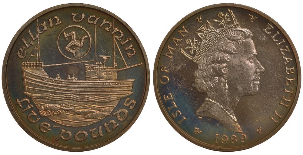 Остров Мэн 5 фунтов 1989 АА, рыбацкая лодка, рыбы, рак KM 215 вирениум UNC 00-00
