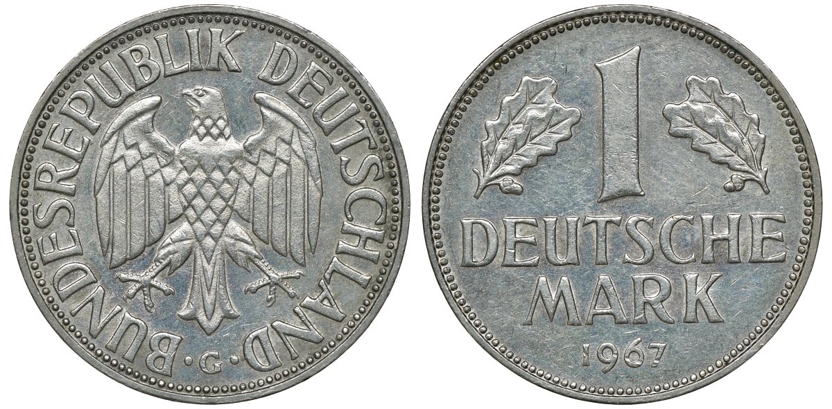 ФРГ 1 марка 1967 G J 385, KM 110 медно-никель aUNC 72-751