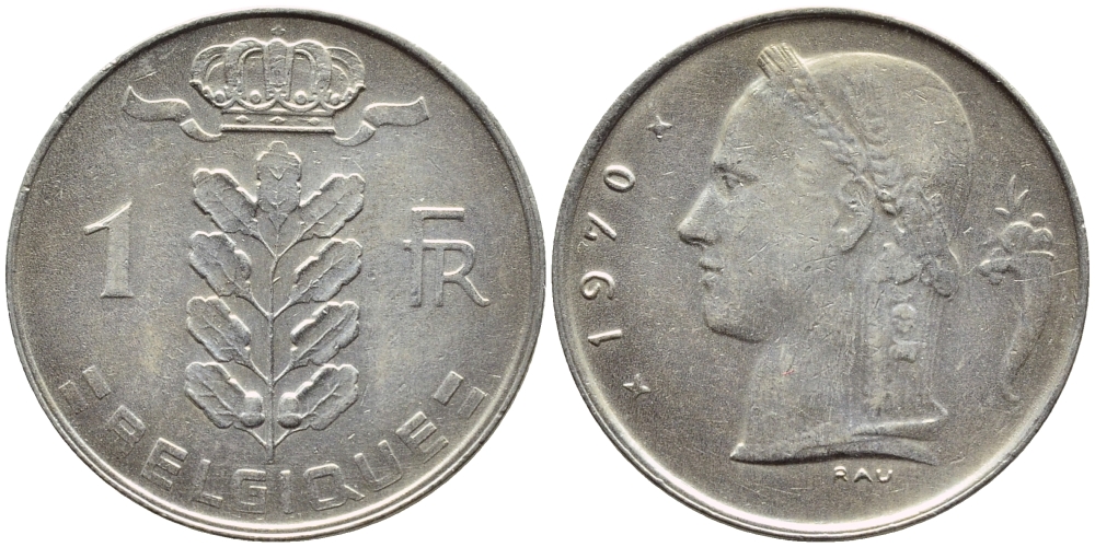 БЕЛЬГИЯ 1 ФРАНК 1970 BELGIQUE KM 142.1 медно-никель 4385-557