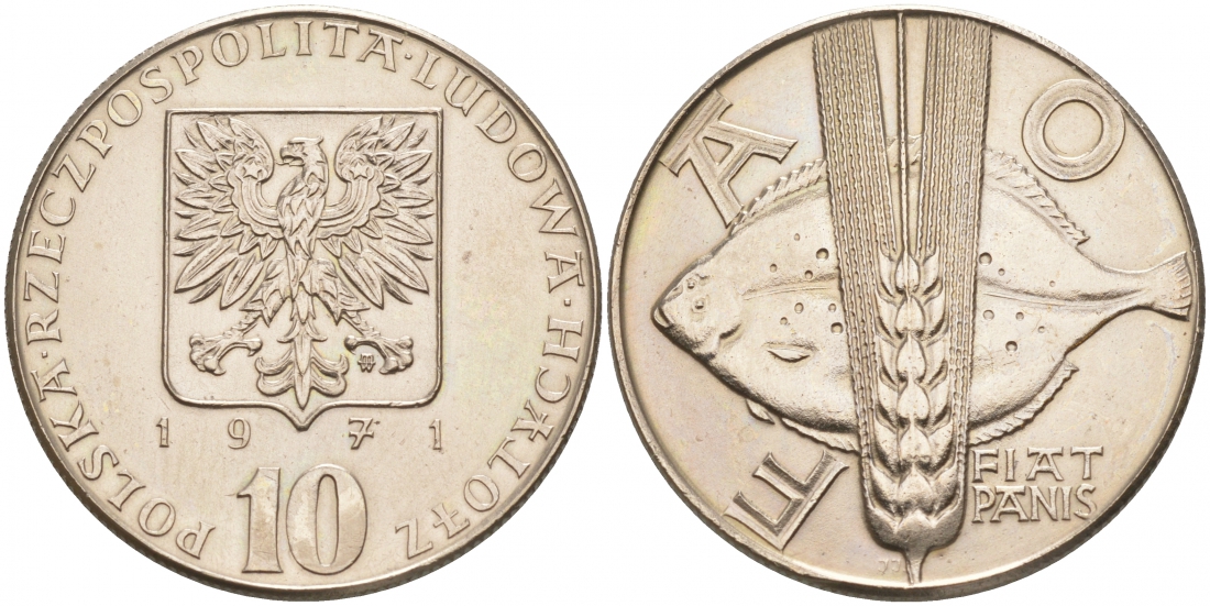 Польша 10 злотых 1971 FAO, продовольственная программа, рыбы KM 63 медно-никель UNC 69-935