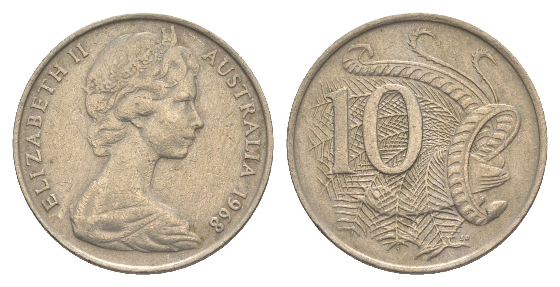 Австралия 10 центов 1968 Елизавета II (1952-2022), птица лирахвост KM 65 медно-никель 4364-3754