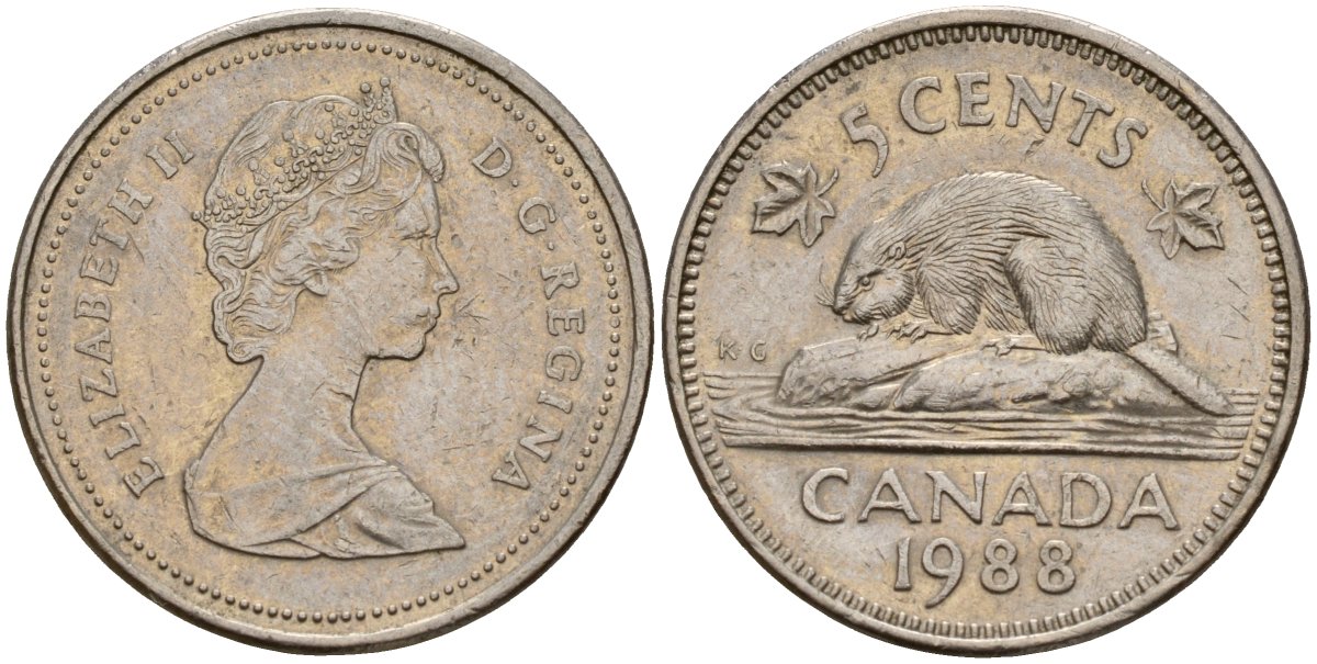Канада 5 центов 1988 Елизавета II (1953-), бобр KM 60.2a медно-никель 4189-915