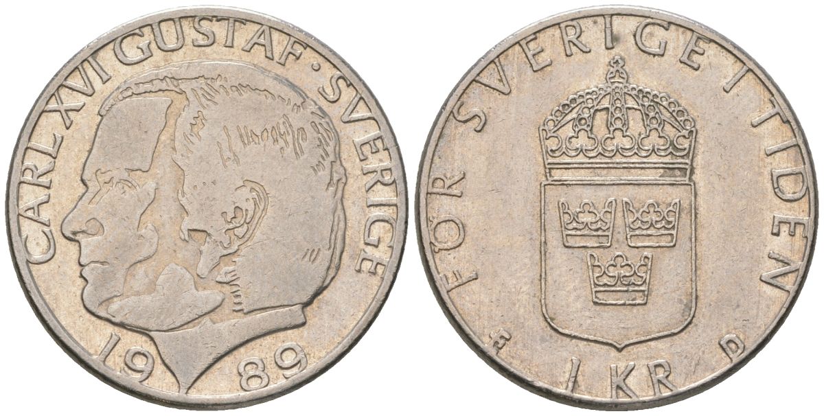 Швеция 1 крона 1989 D, Карл XVI Густав (1973-) KM 852a медно-никель 4561-357