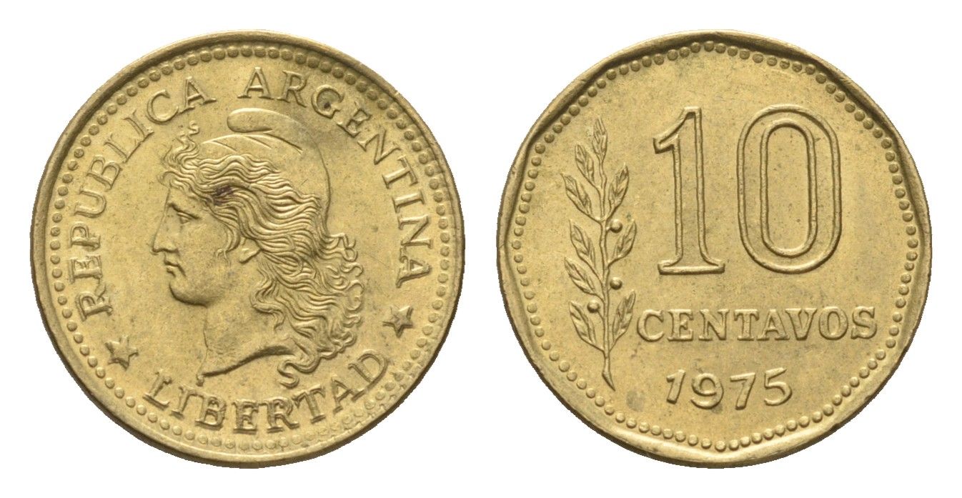 Аргентина 10 сентаво 1975 KM 66 латунь aUNC 4664-558