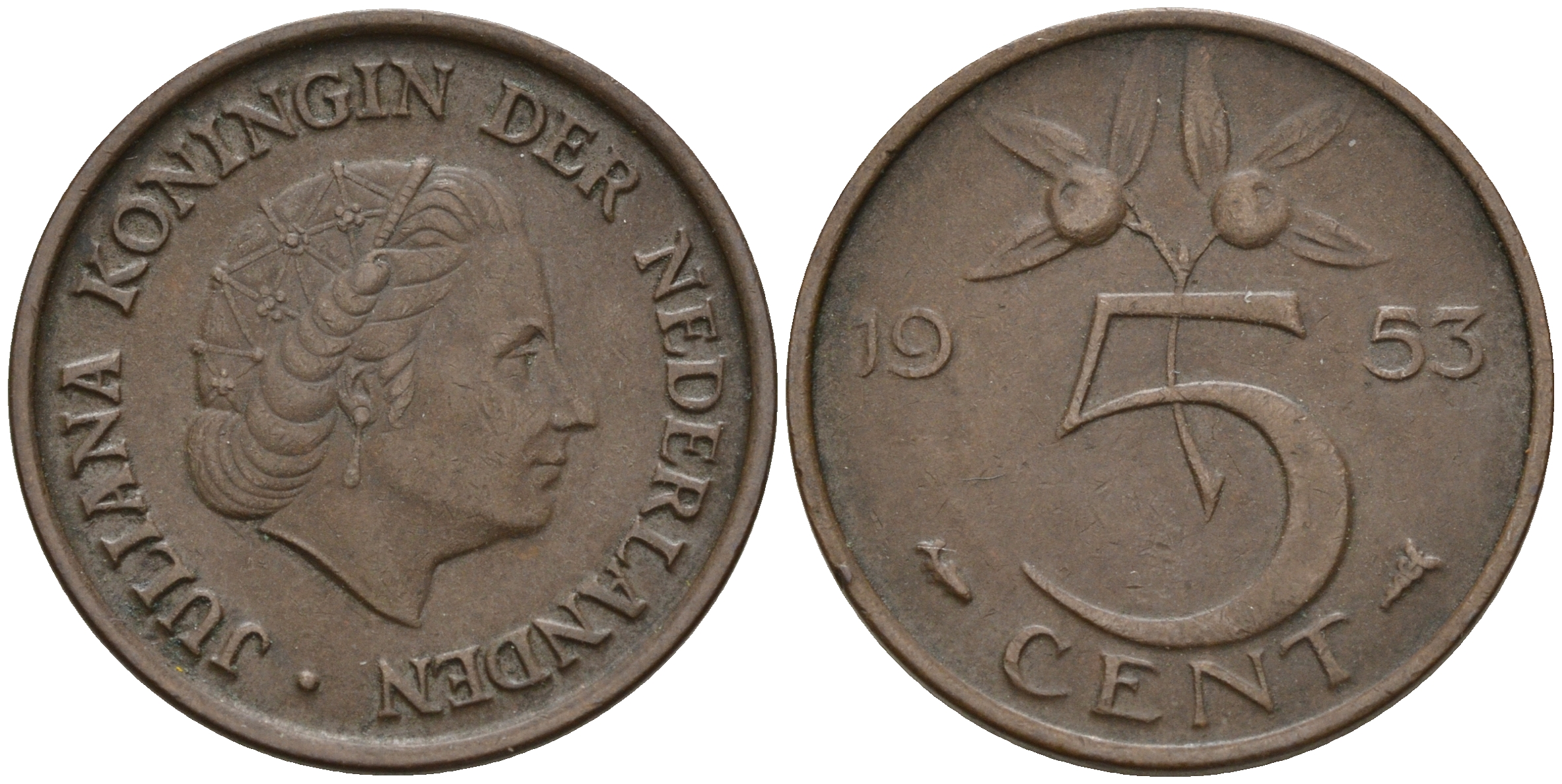 Нидерланды 5 центов 1953 Юлиана (1948-1980) KM 181 бронза    4160-1221