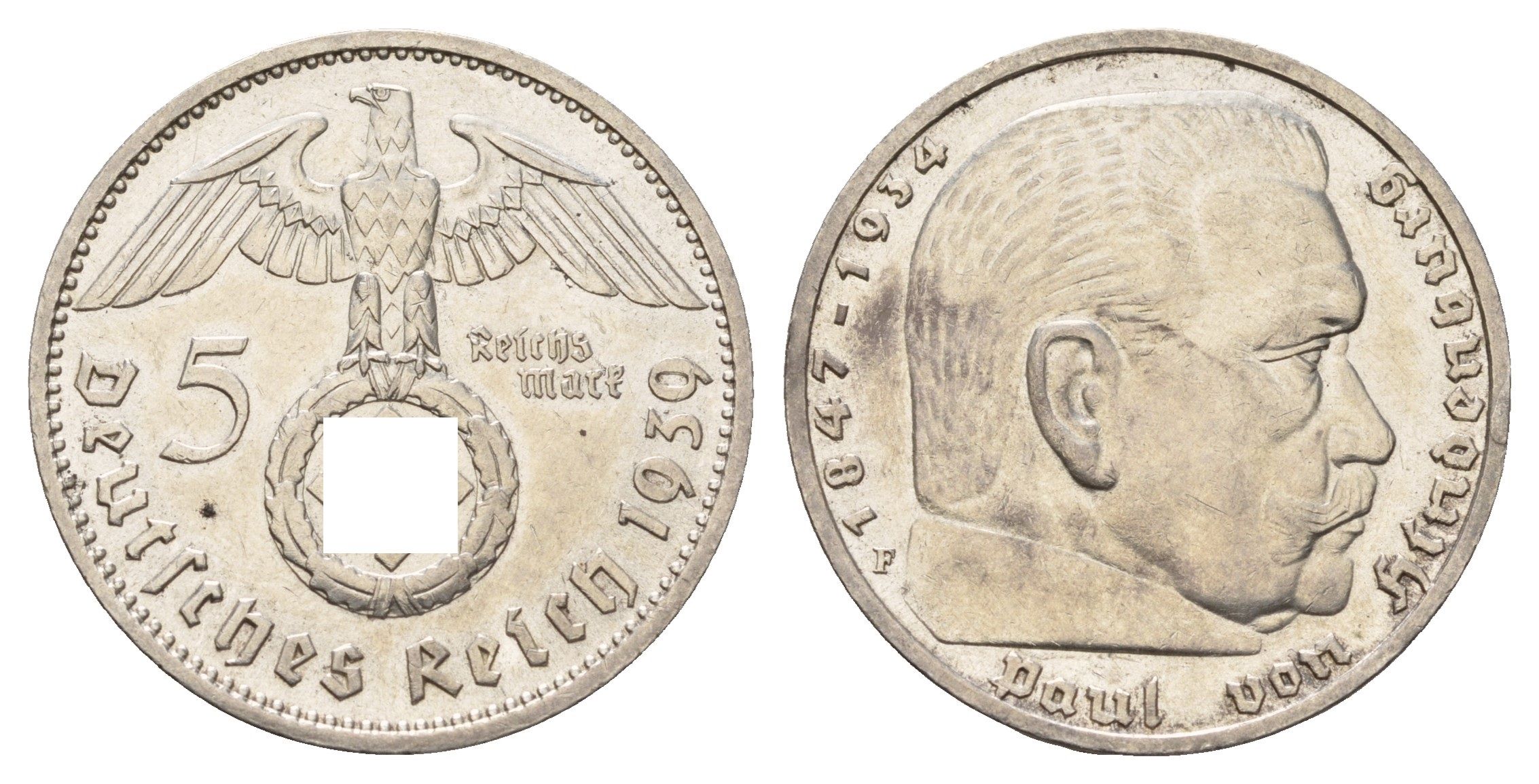 Германия 5 рейхсмарок 1939 F, Пауль фон Гинденбург (1847-1934) KM 94, J. 367 серебро 1517-443