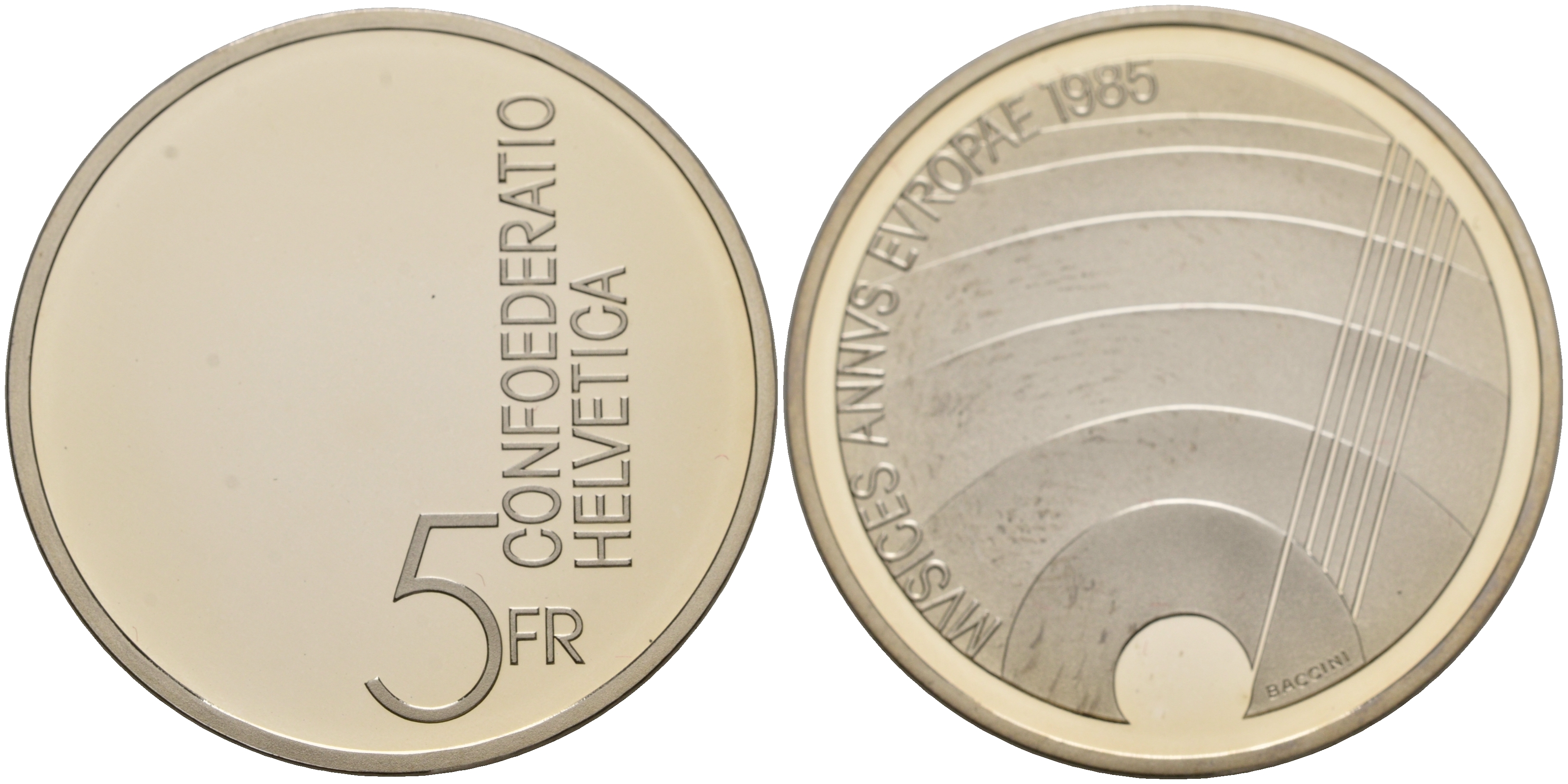 Швейцария 5 франков 1985 Европейский год музыки,оригинальная коробка KM 64 медно-никель  PROOF  2-4-2-40