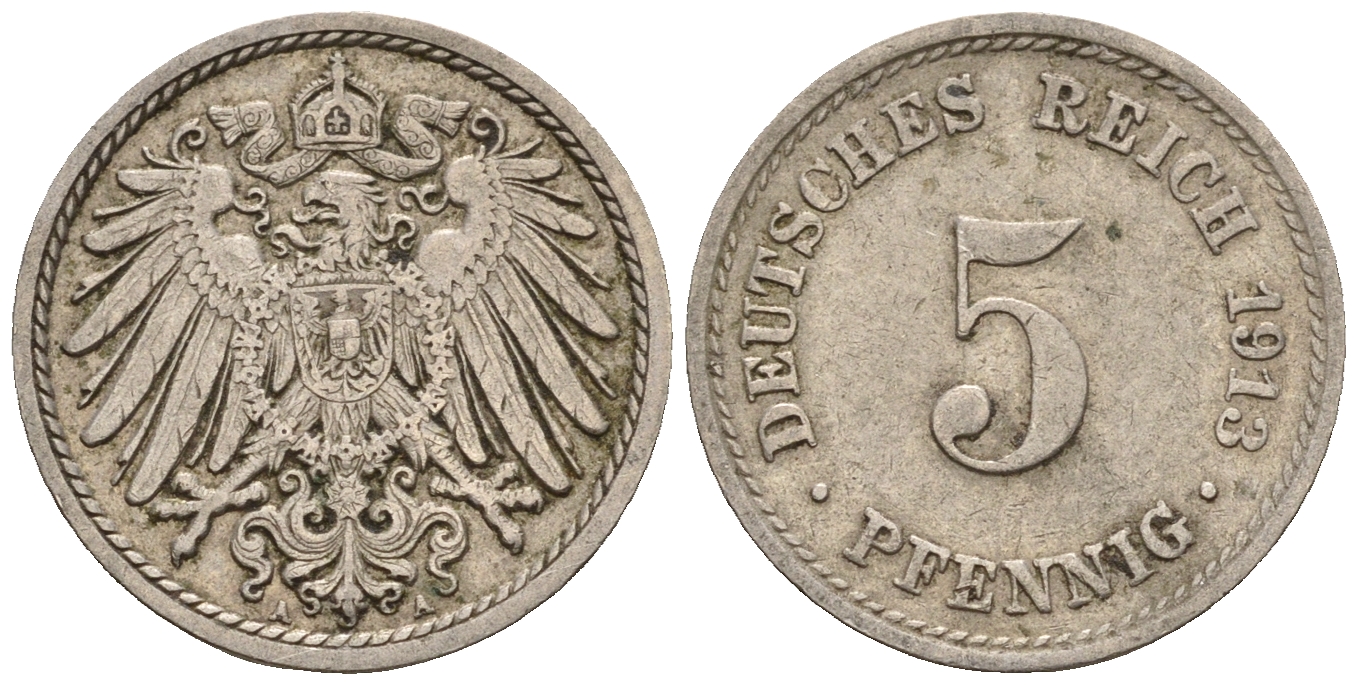 Германия 5 пфеннигов 1913 A, KM 11, J. 12 медно-никель 220-718