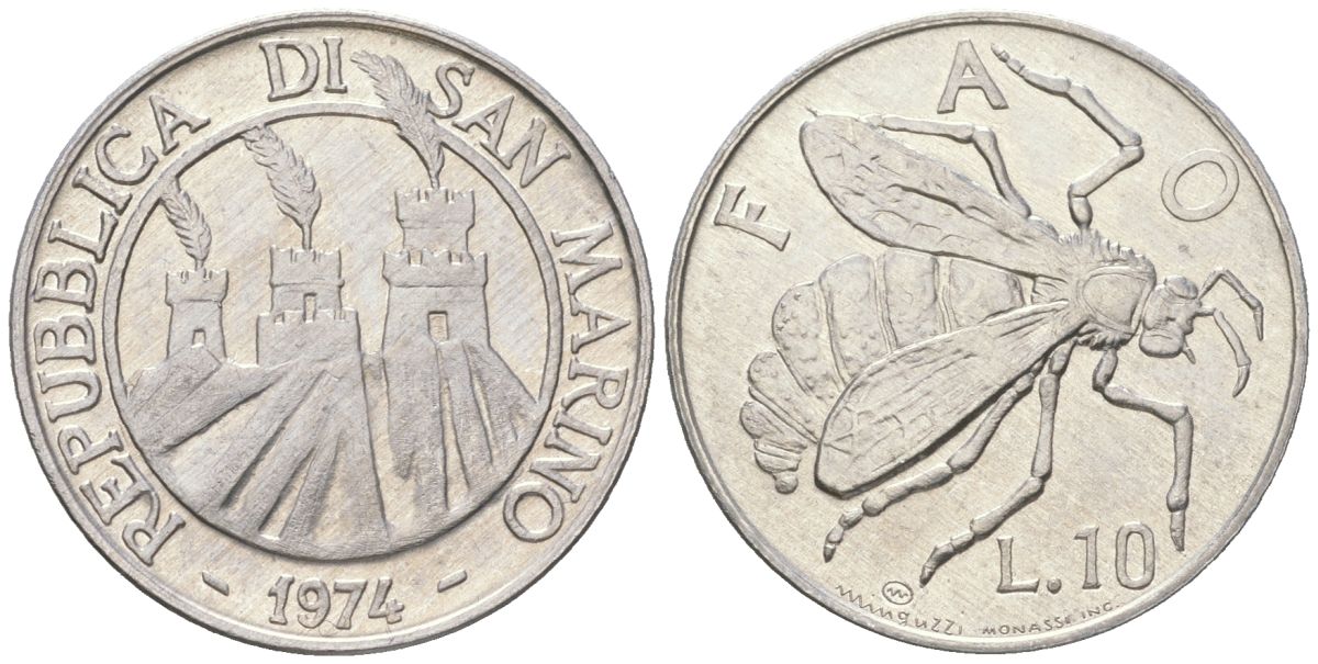 Сан-Марино 10 лир 1974 ФАО, пчела KM 33 алюминий aUNC 4119-346
