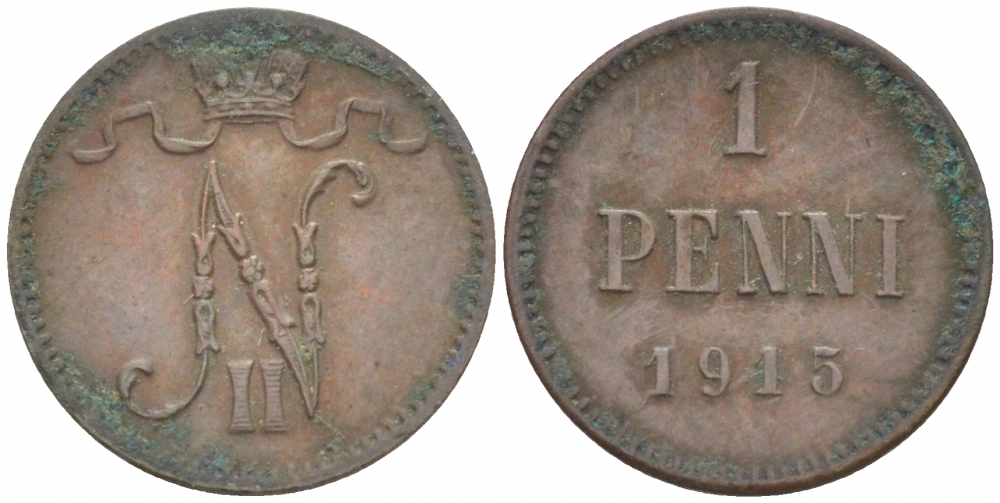 РОССИЯ ДЛЯ ФИНЛЯНДИИ 1 ПЕННИ 1915 НИКОЛАЙ II KM 13, Биткин 475 медь 261-1147