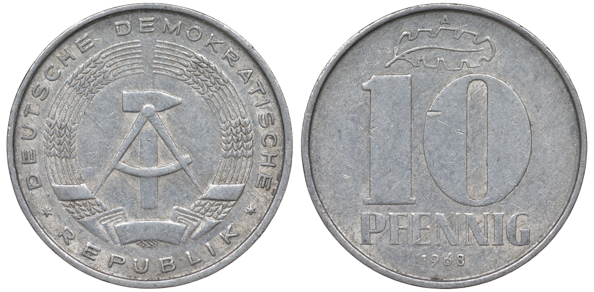 ГДР 10 пфеннигов 1968 A KM 10 алюминий 62-752
