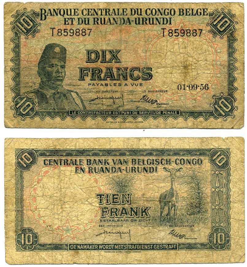 Бельгийское Конго 10 франков 1956 1 Октября 1956, Солдат "Общественных сил" (Аскари), антилопа Pick 30b  бумага   2119-4-1-1