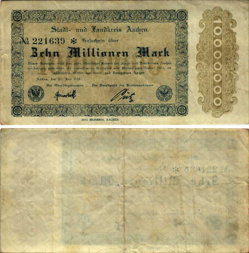 ААХЕН 10000000 МАРОК 1923 НОТГЕЛЬД, 20 ИЮЛЯ 1923, ЗЕМЛЯ СЕВЕРНЫЙ РЕЙН-ВЕСТФАЛИЯ Keller 1b бумага 6318-30-3-2