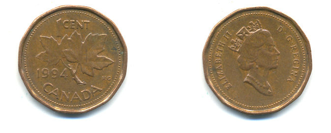 Канада 1 цент 1994 Елизавета II (1952-2022), кленовый лист KM 181 бронза 177-1438