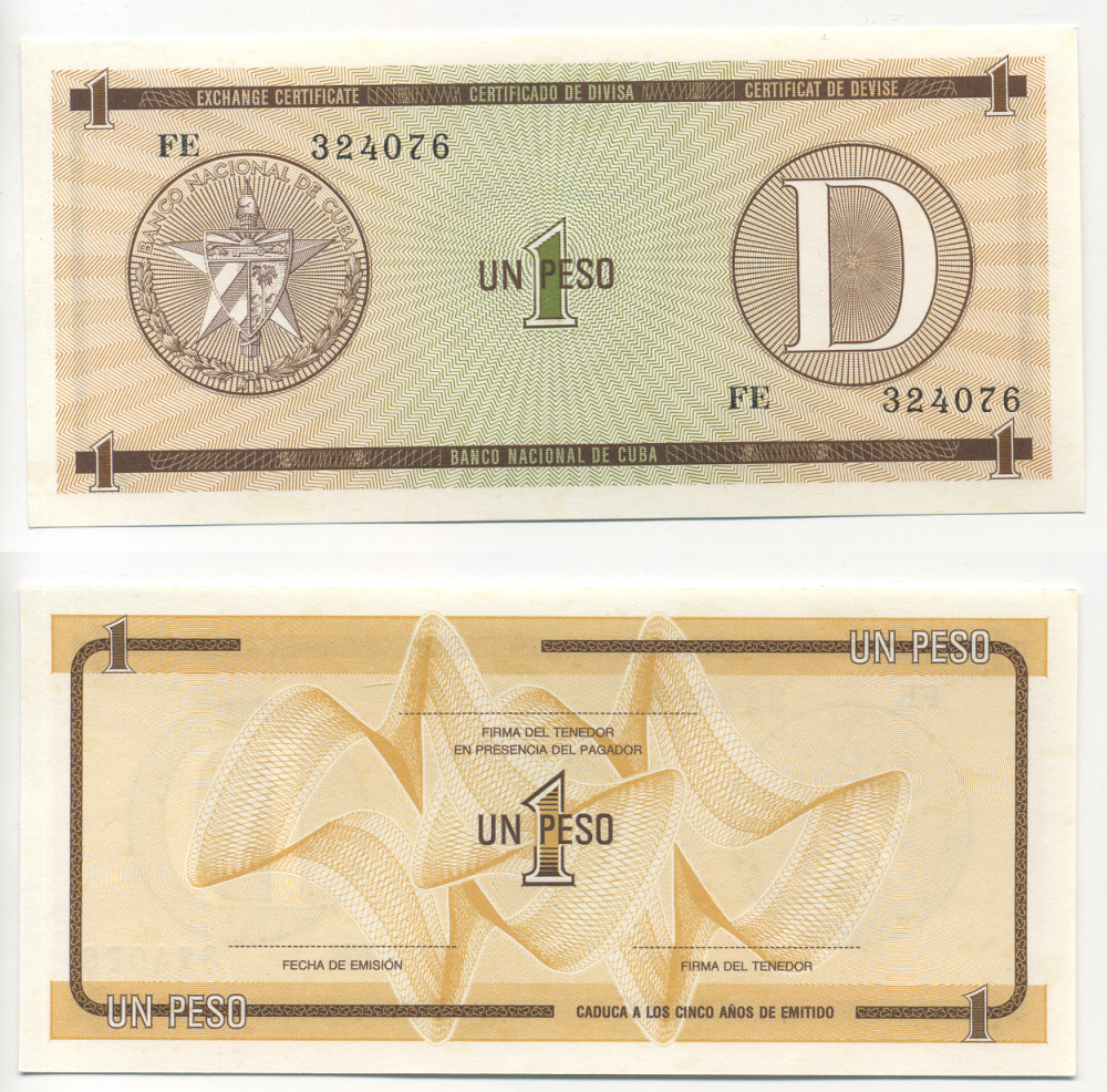 Куба, валютный сертификат 1 песо ND серия D, желтая, второй выпуск Pick FX 32  бумага  UNC (пресс) 00-00