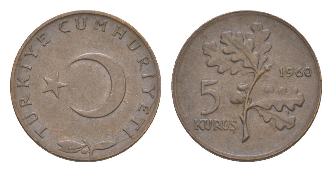 Турция 5 курушей 1960 KM 890.1 бронза 4647-519