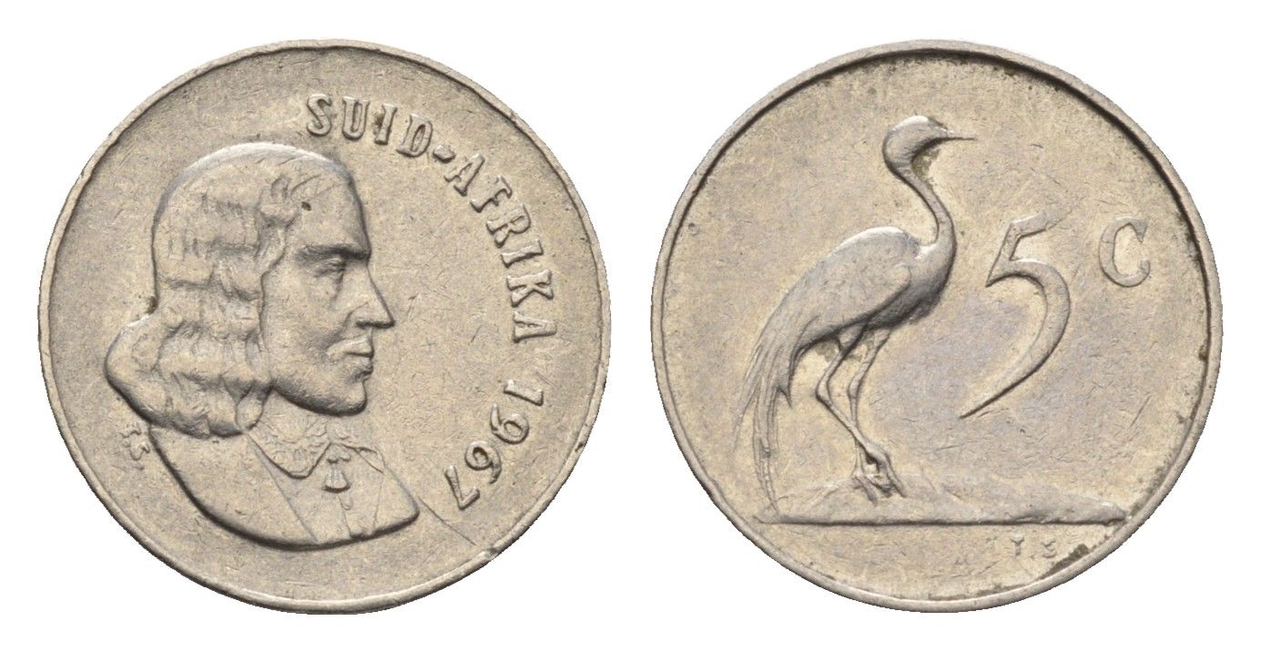 ЮАР 5 центов 1967 Ян ван Рибек (1619-1677), Suid Africa, легенда на африкаанс, райский журавль KM 67.2 медно-никель 4694-425