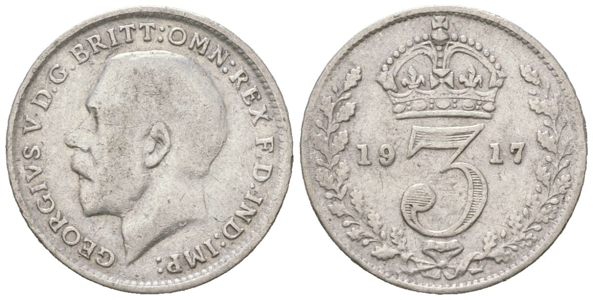 Великобритания 3 пенса 1917 Георг V (1910-1936) KM 813, Spink 4015 серебро 4611-1138