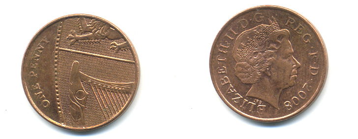 Великобритания 1 пенни 2008 Елизавета II (1952-2022) KM 1107, Spink B6 сталь плакированная медью 177-1146